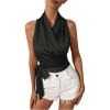 imageMakeMeChic Womens Satin Blouse Wrap V Neck Sleeveless Tie Side Summer Elegant Crop TopsBlack