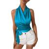 imageMakeMeChic Womens Satin Blouse Wrap V Neck Sleeveless Tie Side Summer Elegant Crop TopsBlue
