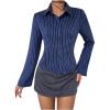 imageMakeMeChic Womens Striped Button Down Shirts Collared Long Sleeve Blouse Y2K TopsBlue a