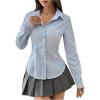 imageMakeMeChic Womens Striped Button Down Shirts Collared Long Sleeve Blouse Y2K TopsLight Blue