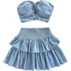 imageMakeMeChic Womens Summer 2 Piece Outfits Twist Front Tube Top and Shirred Ruffle Tiered Mini Skirt SetBlue
