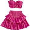 imageMakeMeChic Womens Summer 2 Piece Outfits Twist Front Tube Top and Shirred Ruffle Tiered Mini Skirt SetHot Pink