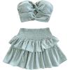 imageMakeMeChic Womens Summer 2 Piece Outfits Twist Front Tube Top and Shirred Ruffle Tiered Mini Skirt SetMint Green