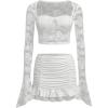 imageMakeMeChic Womens Two Piece Outfits Floral Lace Bell Sleeve Crop Top and Ruched Ruffle Tiered Mini Skirt SetWhite