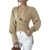 imageMakeMeChic Womens V Neck Wrap Long Sleeve Blouse Shirt Top Asymmetrical High Low BlousesApricot