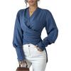 imageMakeMeChic Womens V Neck Wrap Long Sleeve Blouse Shirt Top Asymmetrical High Low BlousesBlue