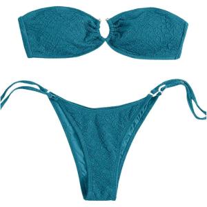 imageMakeMeChic Womens 2 Piece Bandeau Swimsuit Floral Cut Out Bikini Set Strapless Bathing SuitsUring Blue