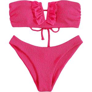 imageMakeMeChic Womens 2 Piece Bandeau Swimsuit Ruffle Trim Lace Up Bikini Set Strapless Bathing SuitsHot Pink