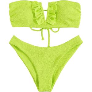 imageMakeMeChic Womens 2 Piece Bandeau Swimsuit Ruffle Trim Lace Up Bikini Set Strapless Bathing SuitsLime Green