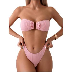 imageMakeMeChic Womens 2 Piece Bandeau Swimsuit Ruffle Trim Lace Up Bikini Set Strapless Bathing SuitsPink U
