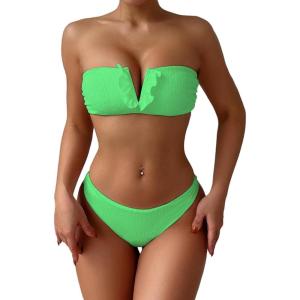 imageMakeMeChic Womens 2 Piece Bandeau Swimsuit Ruffle Trim Lace Up Bikini Set Strapless Bathing SuitsSolid Green