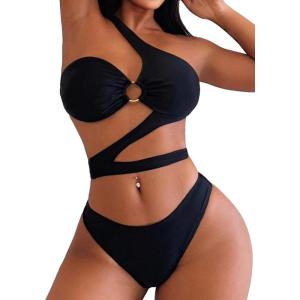 imageMakeMeChic Womens 2 Piece Bathing Suits Cut Out Ring Linked One Shoulder Bikini Sets SwimsuitsBlack