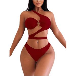 imageMakeMeChic Womens 2 Piece Bathing Suits Cut Out Ring Linked One Shoulder Bikini Sets SwimsuitsBurgundy
