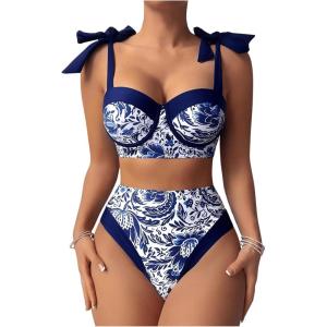 imageMakeMeChic Womens 2 Piece Bikini Set Floral Print Tie Shoulder Contrast Binding High Waisted Swimsuit Bathing SuitBlue and White