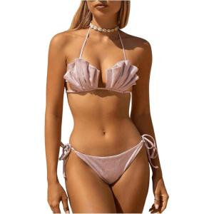 imageMakeMeChic Womens 2 Piece Bikini Set Metallic Halter Ruffle Tie Side Push Up Bathing SuitLight Pink