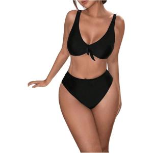 imageMakeMeChic Womens 2 Piece Bikini Set Swimsuit Knot Front V Neck High Waist Bathing SuitsBlack