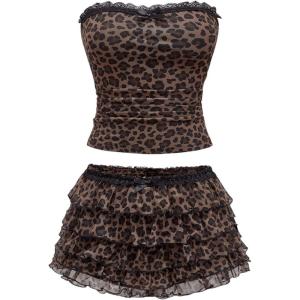 imageMakeMeChic Womens 2 Piece Club Outfit Leopard Print Strapless Ruched Tube Top and Ruffle Tiered Mini Shorts SetBrown