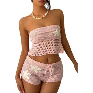 imageMakeMeChic Womens 2 Piece Crochet Outfits Strapless Starfish Lace Up Backless Tube Crop Top Shorts SetPink