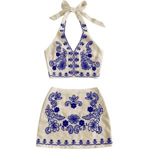 imageMakeMeChic Womens 2 Piece Outfits Floral Embroidery Halter Tie Open Back Crop Tops and Bodycon Skirt SetBlue