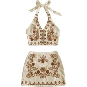 imageMakeMeChic Womens 2 Piece Outfits Floral Embroidery Halter Tie Open Back Crop Tops and Bodycon Skirt SetBrown