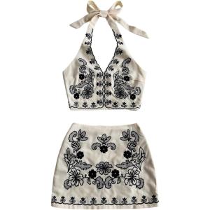 imageMakeMeChic Womens 2 Piece Outfits Floral Embroidery Halter Tie Open Back Crop Tops and Bodycon Skirt SetMulticolor