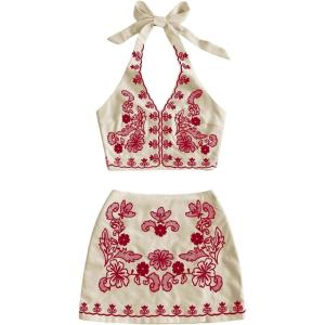 imageMakeMeChic Womens 2 Piece Outfits Floral Embroidery Halter Tie Open Back Crop Tops and Bodycon Skirt SetRed
