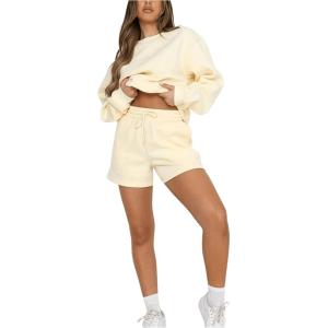 imageMakeMeChic Womens 2 Piece Outfits Long Sleeve Sweatshirts and Drawstring Shorts Sweatsuit SetsApricot