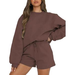 imageMakeMeChic Womens 2 Piece Outfits Long Sleeve Sweatshirts and Drawstring Shorts Sweatsuit SetsCoffee Brown