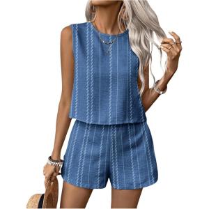 imageMakeMeChic Womens 2 Piece Outfits Striped Crew Neck Tank Top and Wide Leg Shorts SetBlue