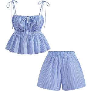 imageMakeMeChic Womens 2 Piece Outfits Striped Tie Shoulder Peplum Shirred Camisole and Shorts SetBlue