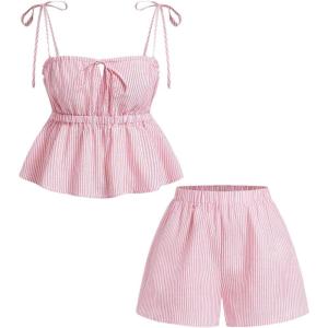imageMakeMeChic Womens 2 Piece Outfits Striped Tie Shoulder Peplum Shirred Camisole and Shorts SetPink