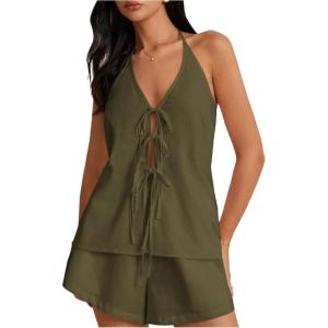 imageMakeMeChic Womens 2 Piece Set Summer Outfits Tie Front Backless Halter Top and Wide Leg Shorts SetArmy Green