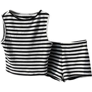 imageMakeMeChic Womens 2 Piece Summer Outfit Striped Crew Neck Tank Crop Top and Mini Shorts SetBlack and White