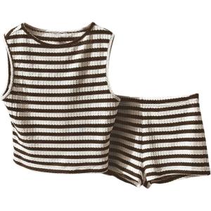 imageMakeMeChic Womens 2 Piece Summer Outfit Striped Crew Neck Tank Crop Top and Mini Shorts SetBrown