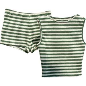 imageMakeMeChic Womens 2 Piece Summer Outfit Striped Crew Neck Tank Crop Top and Mini Shorts SetGreen