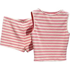 imageMakeMeChic Womens 2 Piece Summer Outfit Striped Crew Neck Tank Crop Top and Mini Shorts SetPink