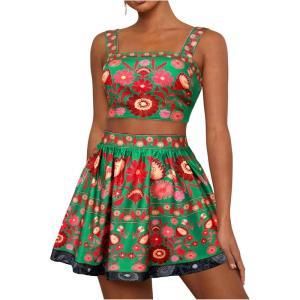 imageMakeMeChic Womens 2 Piece Vacation Outfits Floral Shirred Tank Top and A Line Mini Skirt SetsGreen
