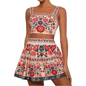 imageMakeMeChic Womens 2 Piece Vacation Outfits Floral Shirred Tank Top and A Line Mini Skirt SetsMulticolor