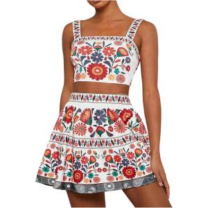 imageMakeMeChic Womens 2 Piece Vacation Outfits Floral Shirred Tank Top and A Line Mini Skirt SetsWhite