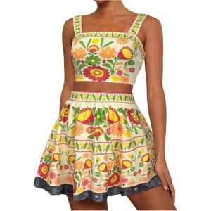 imageMakeMeChic Womens 2 Piece Vacation Outfits Floral Shirred Tank Top and A Line Mini Skirt SetsYellow