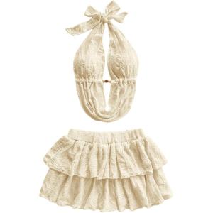 imageMakeMeChic Womens 2 Piece Y2k Outfit Draped Front Tie Back Halter Crop Tops and Skirt SetApricot