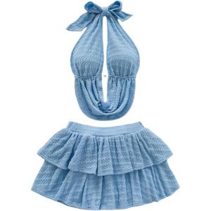 imageMakeMeChic Womens 2 Piece Y2k Outfit Draped Front Tie Back Halter Crop Tops and Skirt SetBlue