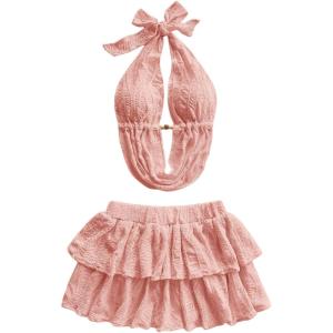 imageMakeMeChic Womens 2 Piece Y2k Outfit Draped Front Tie Back Halter Crop Tops and Skirt SetPink