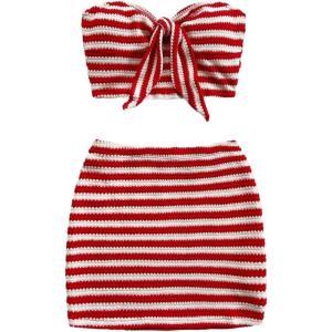 imageMakeMeChic Womens 2 Piece Y2k Outfit Striped Strapless Knot Tube Crop Tops and Bodycon Skirt SetRed and White