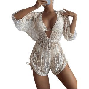imageMakeMeChic Womens 3 Piece Bathing Suit Tropical Halter Triangle Bikini Set Mesh Cover Up RomperBeige