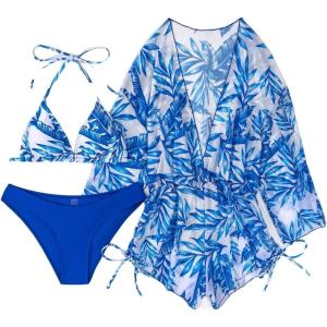 imageMakeMeChic Womens 3 Piece Bathing Suit Tropical Halter Triangle Bikini Set Mesh Cover Up RomperRoyal Blue