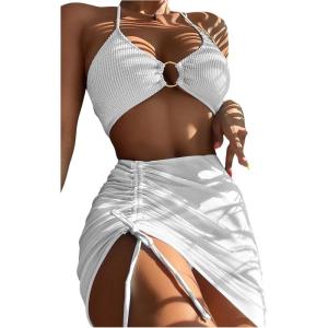 imageMakeMeChic Womens 3 Piece Bathing Suits Halter Ring Bikini Set with Cover Up SkirtsWhite 3