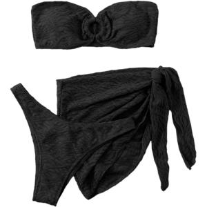 imageMakeMeChic Womens 3 Piece Swimsuit Ring Linked Bandeau High Cut Bikini with Cover Up Skirt SetBlack