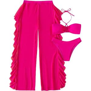 imageMakeMeChic Womens 3 Piece Swimsuit Solid Halter Bikini Set with Ruffle Sheer Cover UpHot Pink
