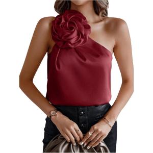 imageMakeMeChic Womens 3D Flower One Shoulder Sleeveless Blouses Shirt TopBurgundy